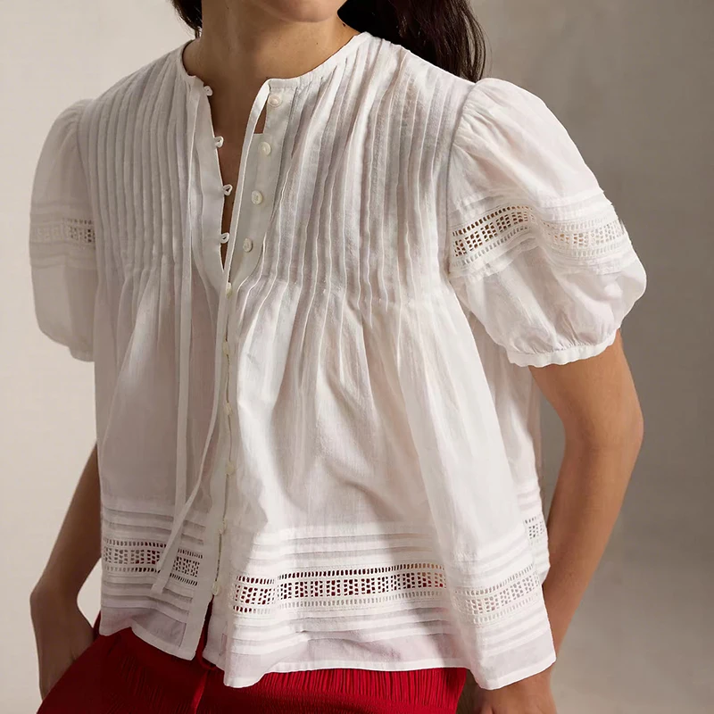 

Retro Pure Cotton Bubble Sleeve Short Sleeve Loose Fit Shirt Women's Summer Fashion New Style White Color Button down Blouse