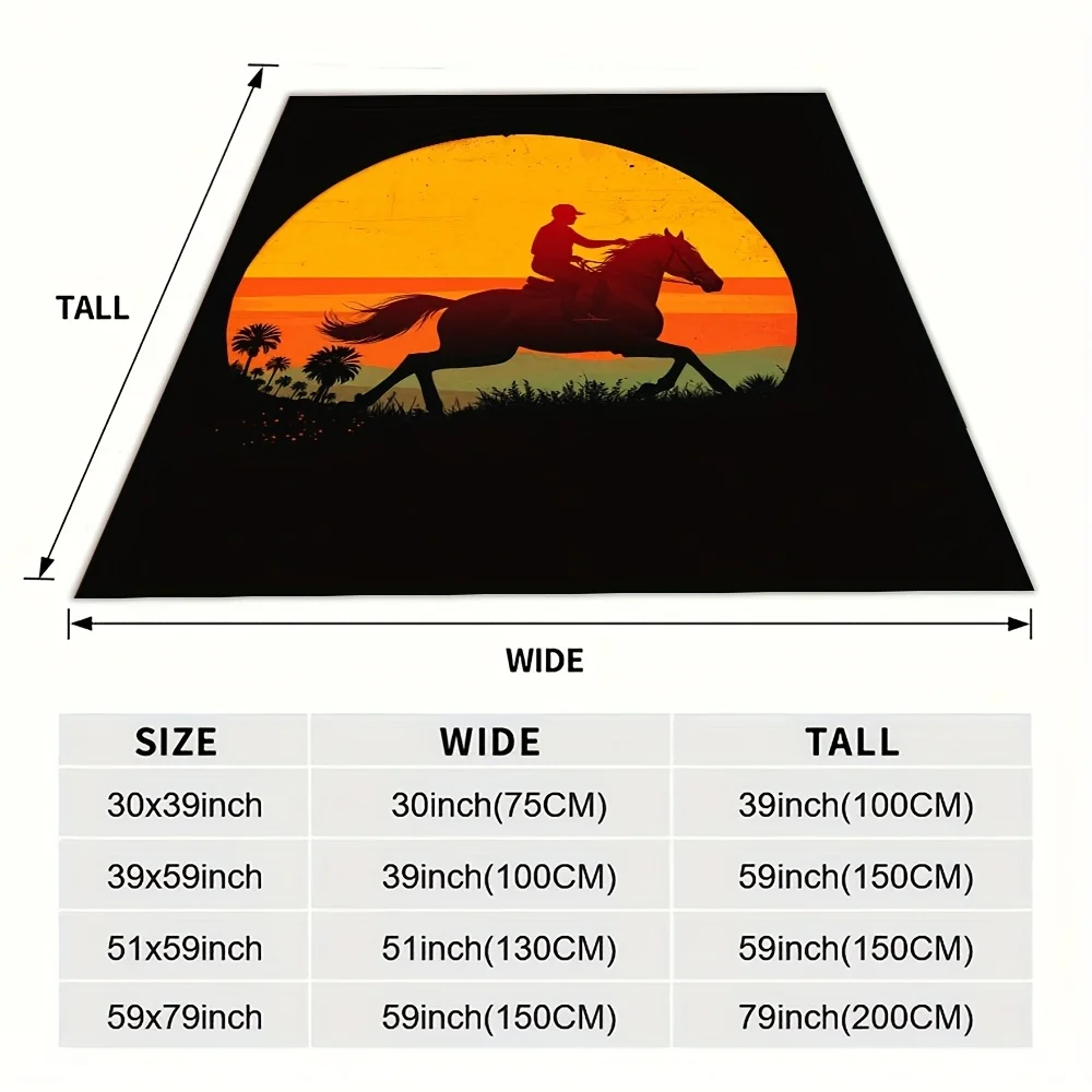 Cowboy Riding Horse at Sunset Fleece Blanket Western Art Design Soft Cozy Throw Home Decor for Living Room or Bedroom Gift