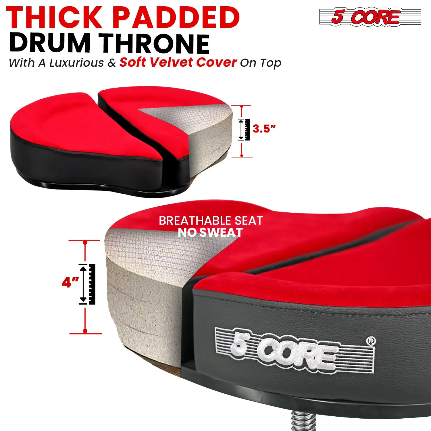 5 Core Drum Throne Adjustable Soft Guitar Stool Drummer Seat DS GT RED-VEL