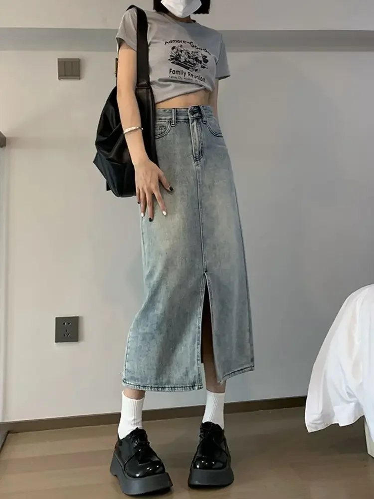 التنانير ذات الشق الأمامي للسيدات تصميم الدنيم ميدي ريترو عالية الخصر أنيقة على شكل حرف a كل مباراة مزاجه غير رسمي موضة الكورية نمط Faldas