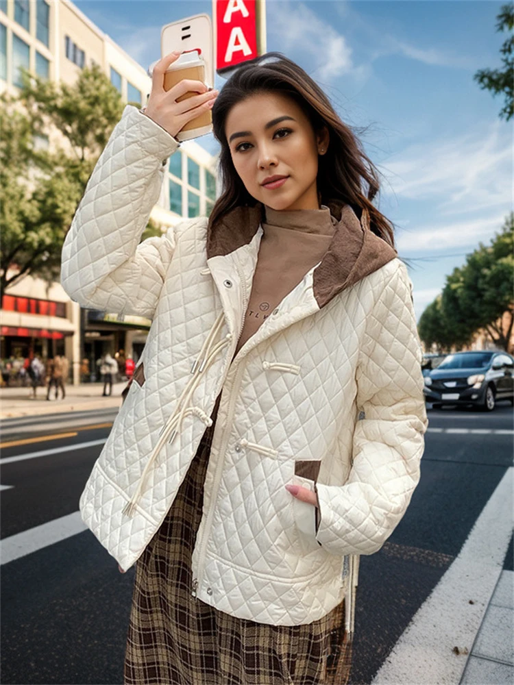 Diamond-Shaped Lattice Down Padded Jackets Women's Coats 2024 Winter New Lightweight Padded Jacket Japanese Color-Blocked Hooded