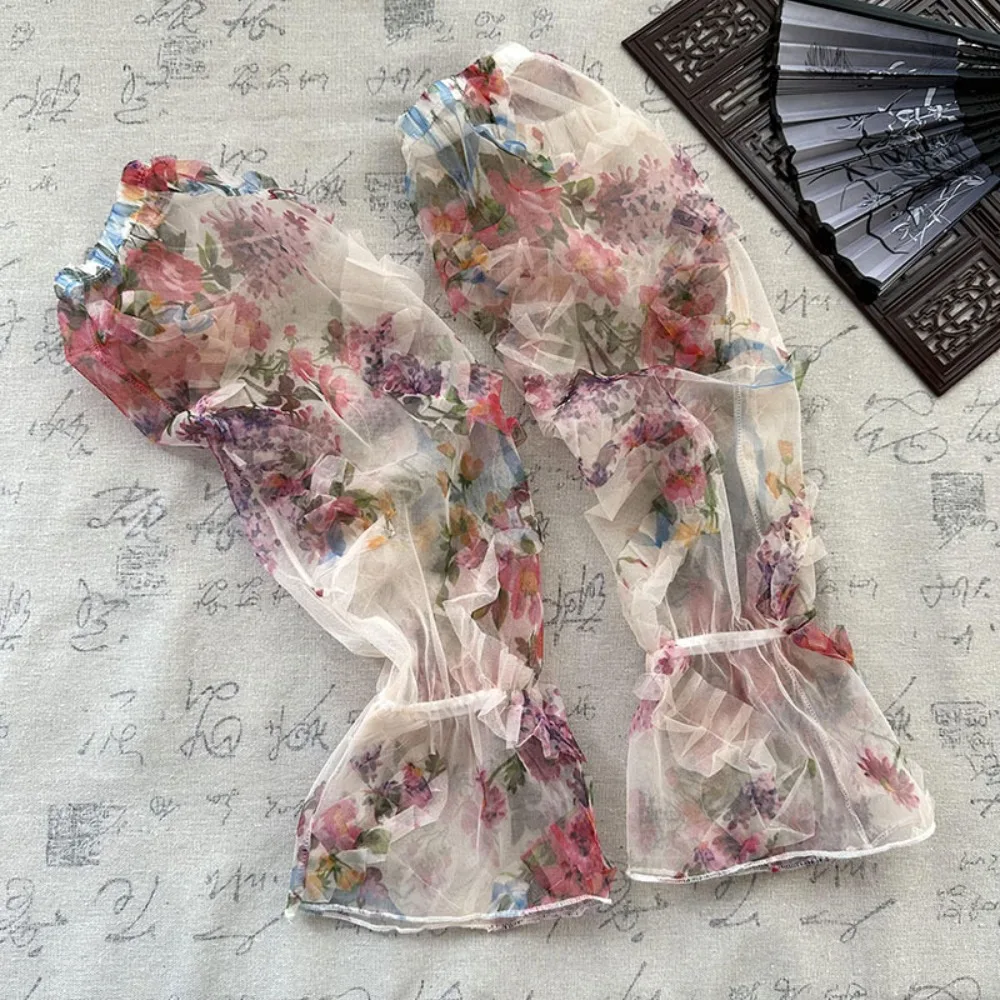 Sottile dolce stile cinese maniche fiore anti-UV chiffon protezione solare copri braccio protezione solare guanti da ciclismo elastici donna