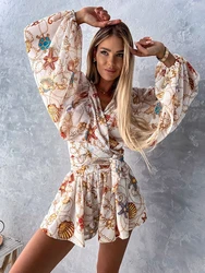 Tuta Sexy con scollo a V profondo per donna estate Casual Boho Beach Vacation Outfit moda femminile stampa manica lanterna pagliaccetti pantaloncini