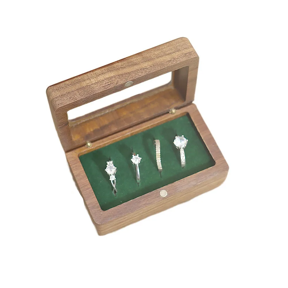 

4 Slots Square Rings Holder Opening Window Magnetic Cover Jewelry Ring Holder Dustproof Exquisite Black Walnut Cufflinks Box
