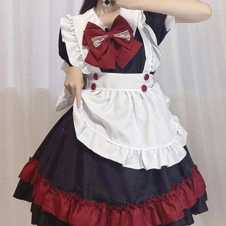 Nero rosso Lolita Cos vestito per le donne Harajuku dolce scollo a v fiocco pantaloncini manica abiti Y2k E-Girl vita alta abiti Mujer