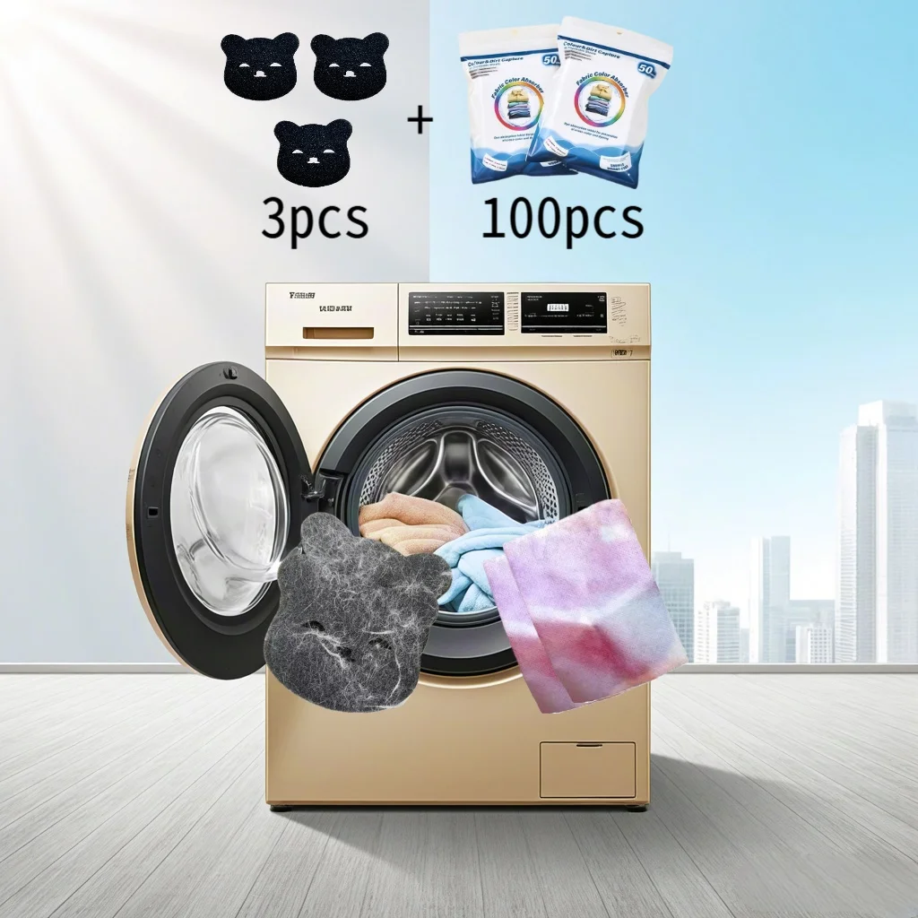 100pcs Color Catcher Laundry Sheets + 3pcs Cartoon Bear Laun