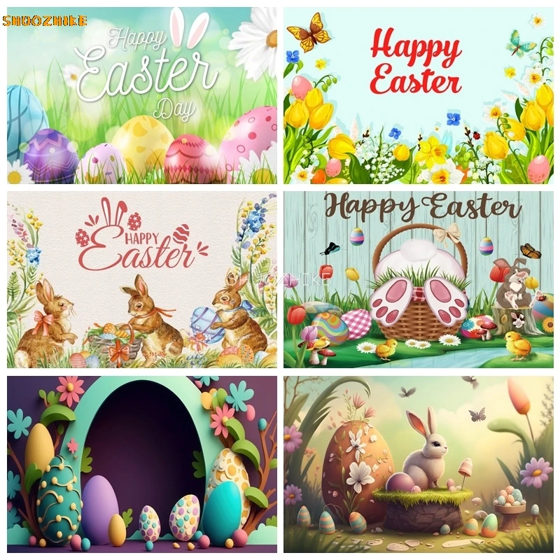 

Happy Easter Backdrop Cartoon Rabbits Colorful Eggs Flower Bunny Spring Easter Baby Portrait Photography Background Photo Props