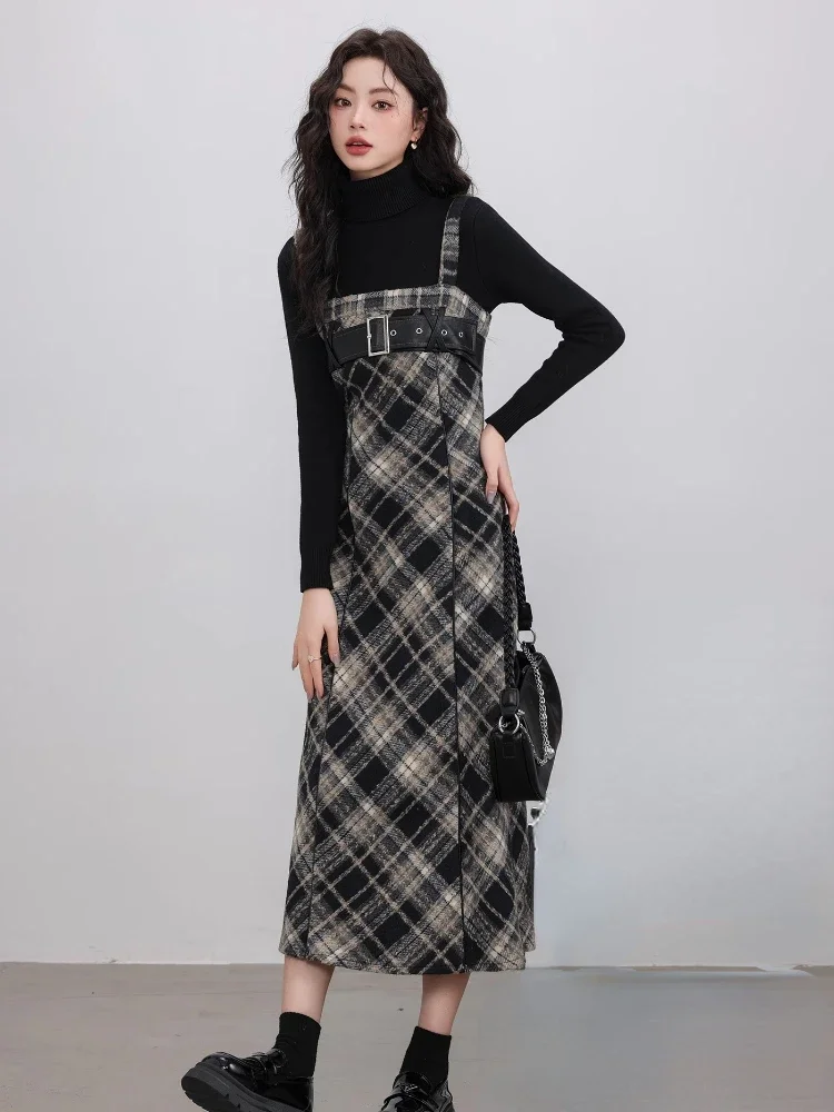 2023 Autumn Elegant Plaid 2 Piece Dress Set Women Casual Black Blouse + Vintage Slim Strap Dress Korean Fashion Dress Suits New