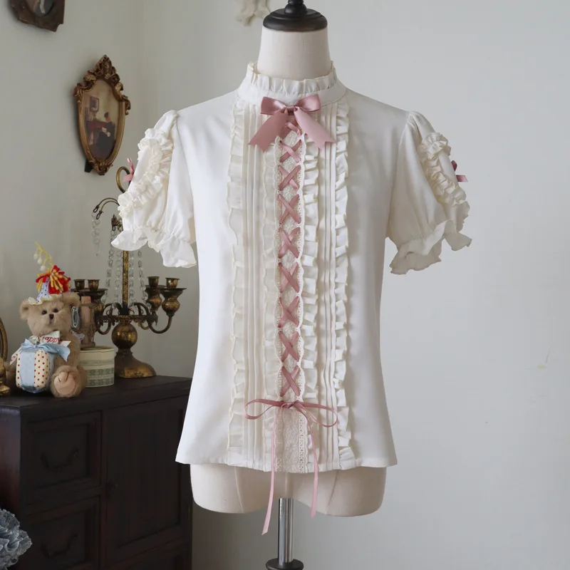 Lolita Shirt Women Autumn Original Design Half High Collar Puff Sleeves Sweet Solid Color Long Sleeve Top Detachable Sleeves