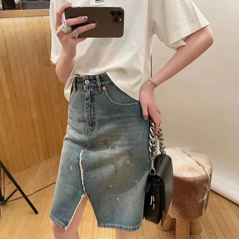 Women's Raw Slit Denim Skirt high waist fashion lady a-line skirt