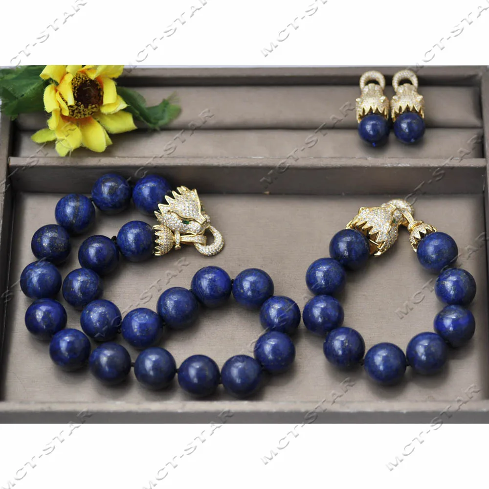 

Z14198 Set 20'' 20mm Blue Round Lapis lazuli Jaguar CZ Necklace Bracelet Earring