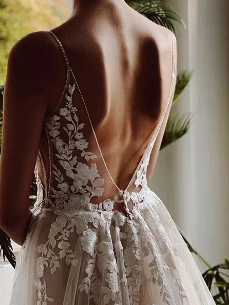 Vestido de casamento decote em v profundo com apliques de renda, sem encosto, até o chão, simples A-Line, vestido de noiva branco