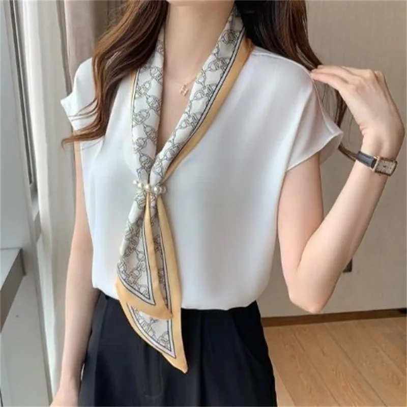 Woman Summer Style Blouses Shirts Lady Casual Short Batwing Sleeve V-Neck Bow Tie Decor Loose Blusas Tops WY1000