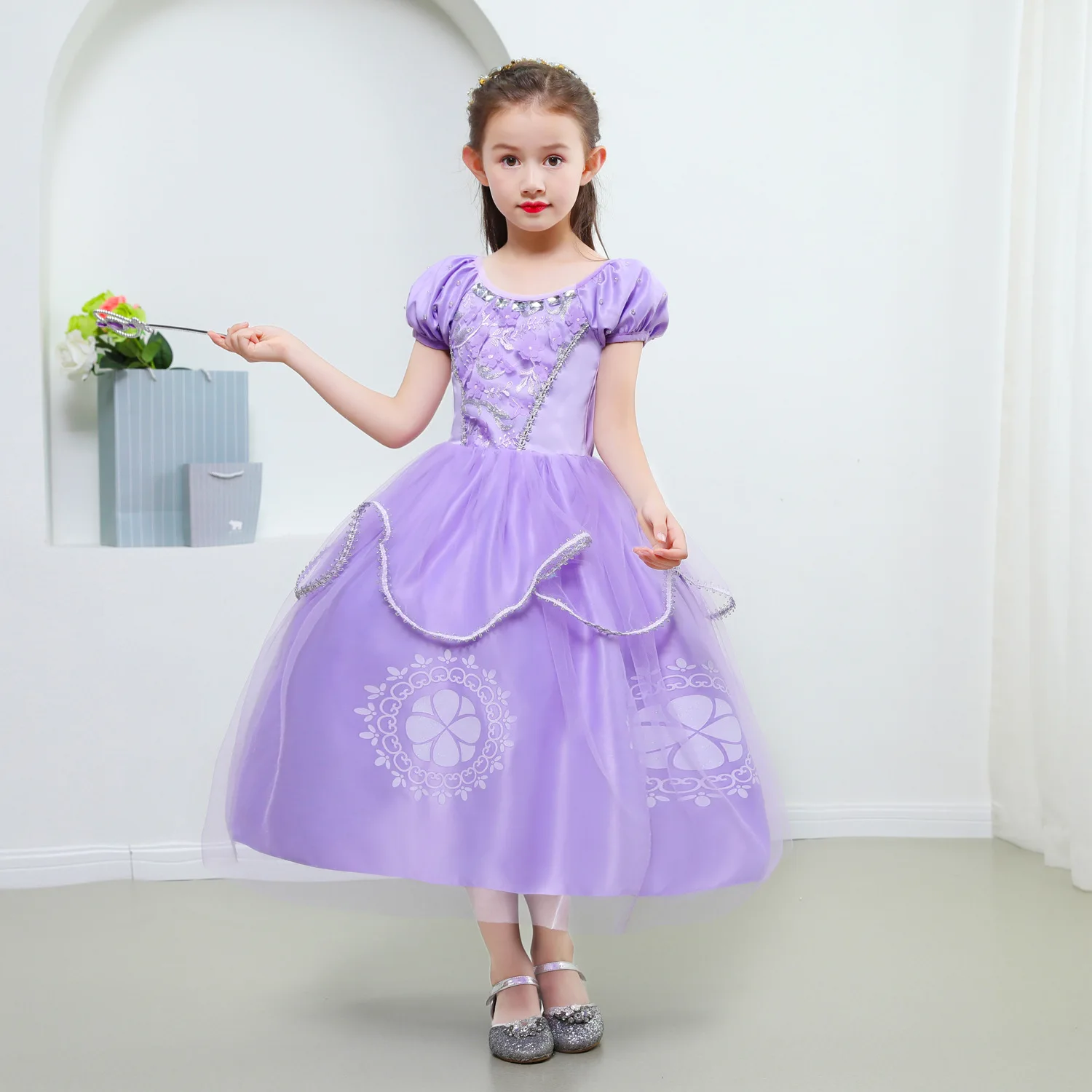 Cartoon Sophia the First Anime Costume Girls Princess Dress Floral Floral Appliques Ball Gown Kids Carnival Sofia Cosplay Robes