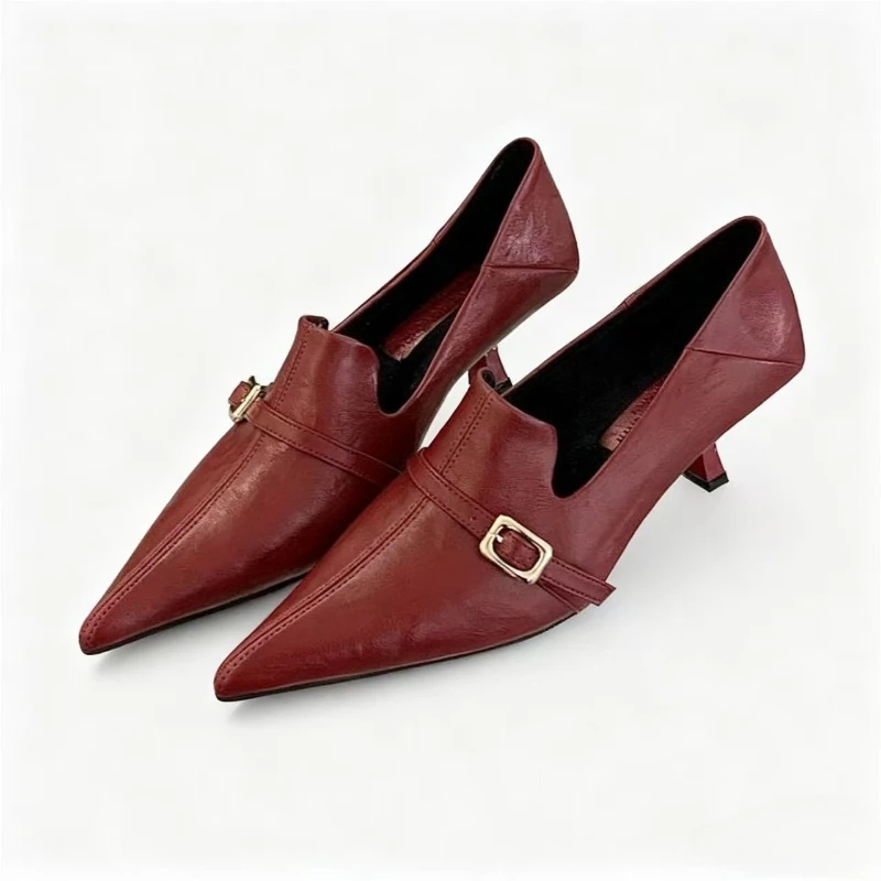 

Elegant Leather Pointed Toe Pumps Women Shoes Belt Buckle Shallow Plush Low Heels Shoes Fashion Kitten Heel Office Shoes Women