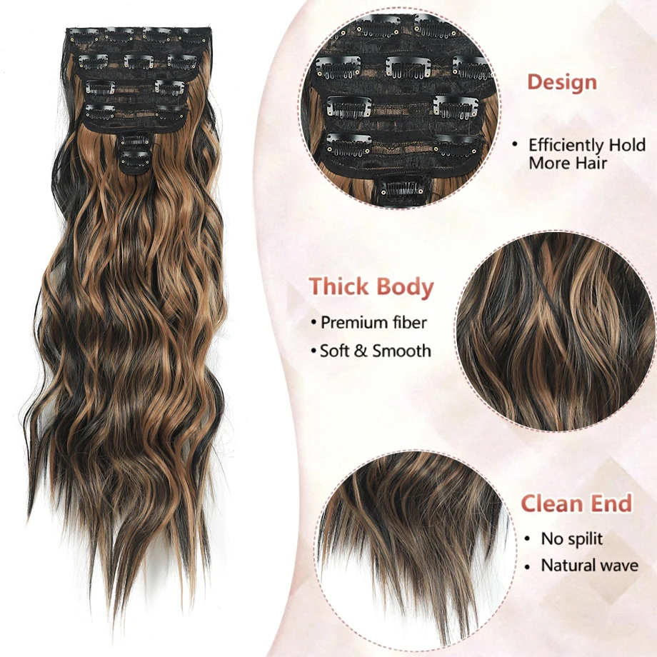 6PCS Clip in Hair Extensions Honey Blonde Mixed Light Brown 24 Inch Long Water Wavy Synthetic Hair Extensions For Women Use