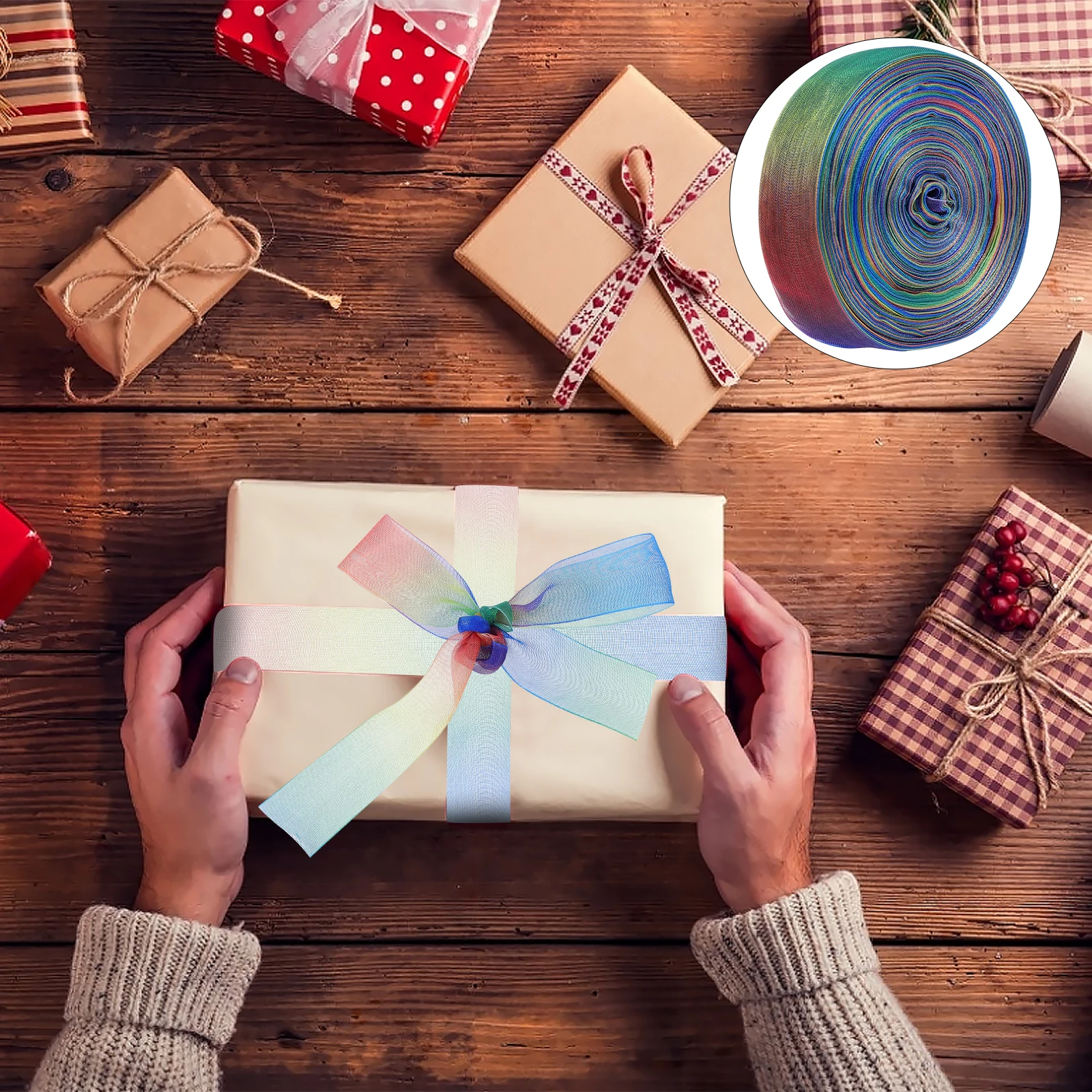 

Rainbow Satin Ribbon Gift Box Decorative Flower Packaging DIY Accessories Bright Color Festive Atmosphere Durable Long Lasting