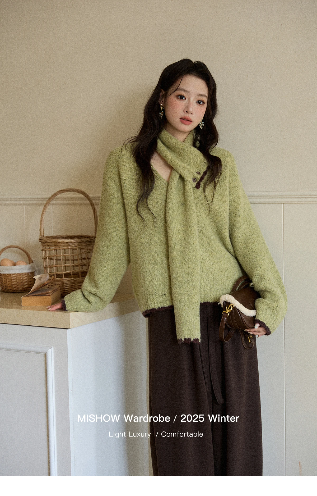 

MISHOW женский зеленый съемный шарф-свитер 2025, зимняя мода, v-образный вырез, длинные рукава, толстые вязаные пуловеры, повседневный топ MXE90Z2791