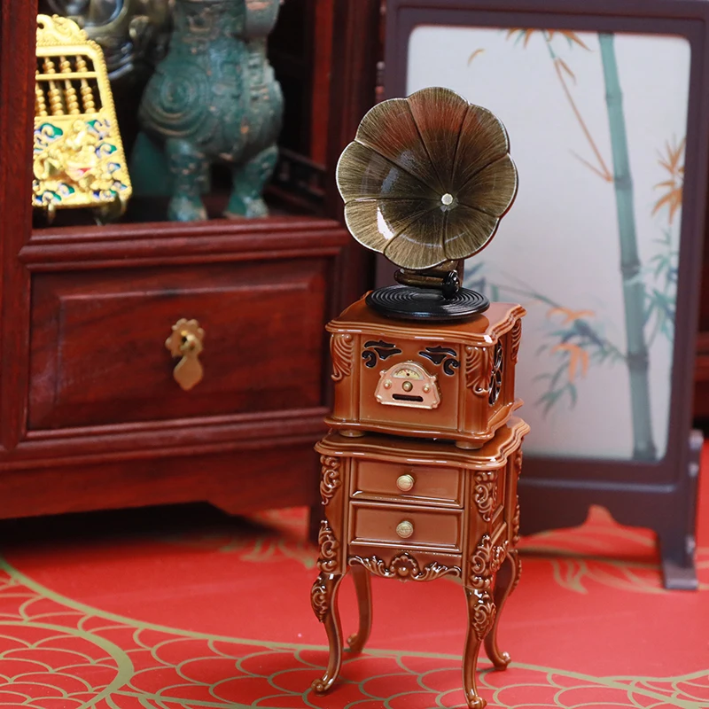 1Pc 1:12 Dollhouse Miniature Retro Gramophone With Music Toy Mini Simulation Phonograph Record Handicrafts Home Model Decoration