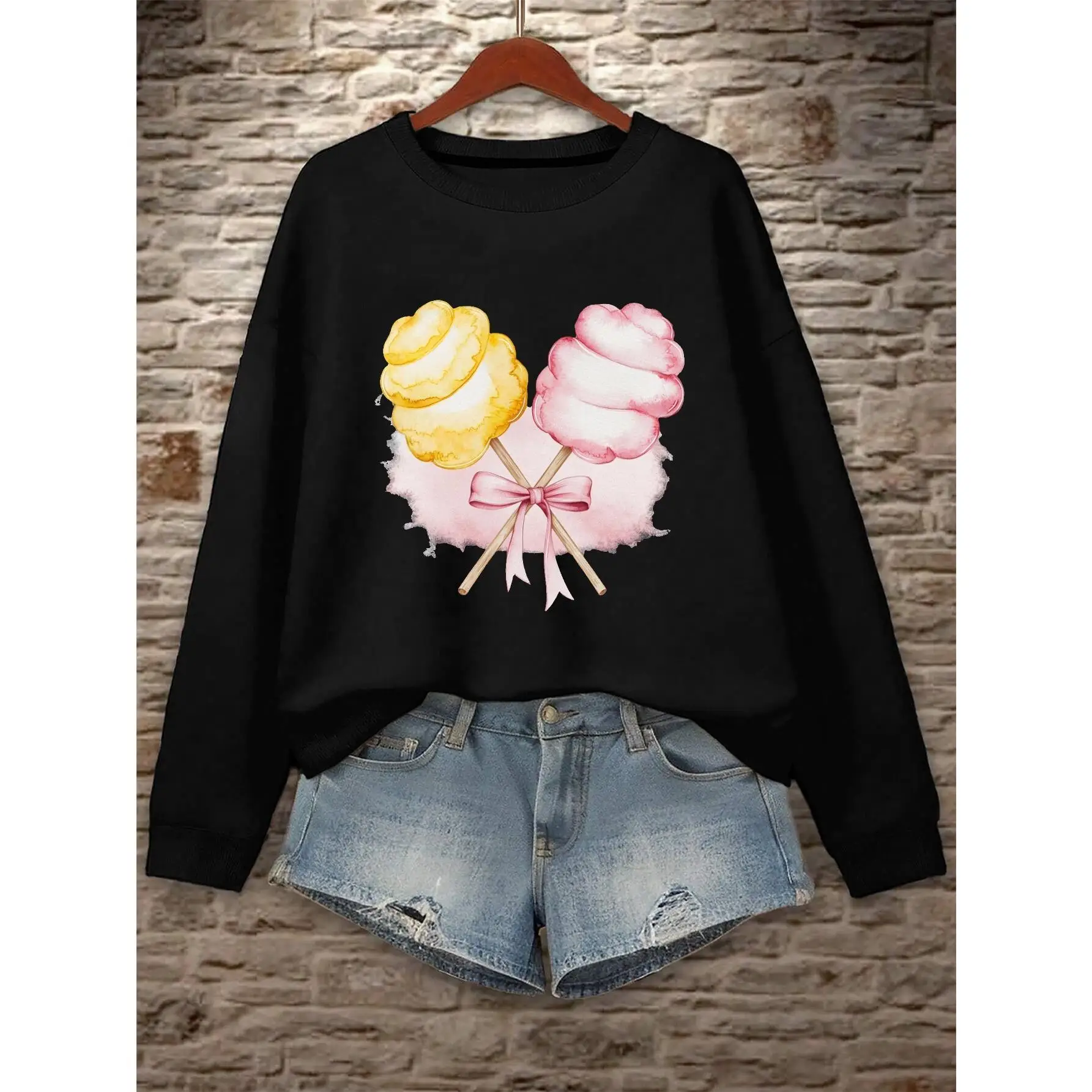 

Cute Cotton Candy Sweatshirt, Kawaii Dessert Graphic Hoodie, Sweet Pink Yellow Pullover, Aesthetic Funny Crewneck
