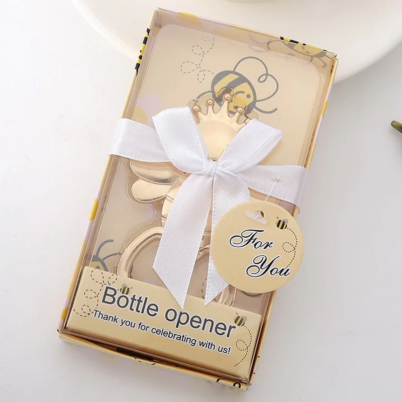 1PCS X New Creative Baby Shower Favors Little Bee Design Gold Bottle Opener in Elegant Gift Box Newborn Birthday Party Giveaways