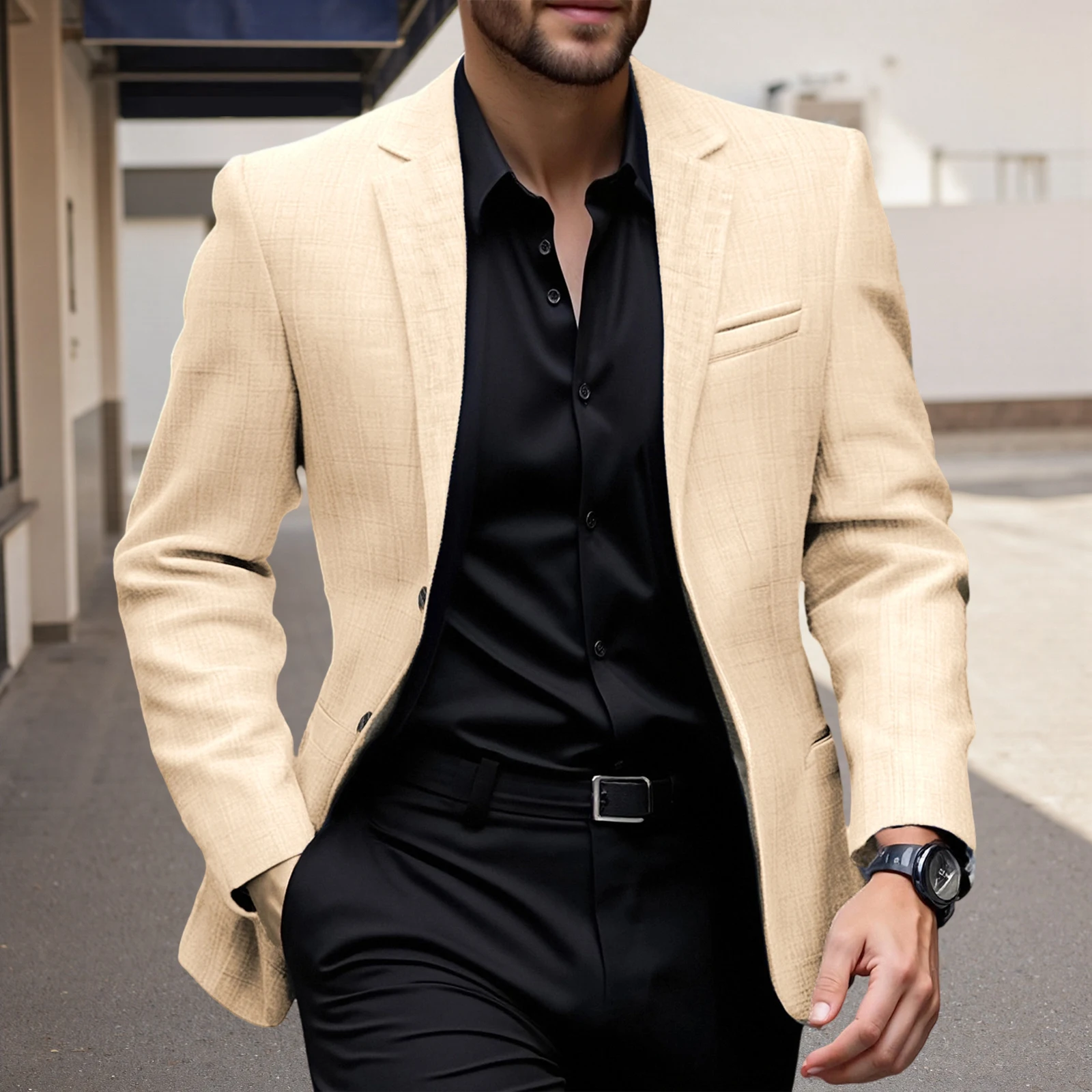 Men's Casual Blazer Single Button Stylish Solid Lapel V Neck Long Sleeve Sport Coats for Spring and Fall
