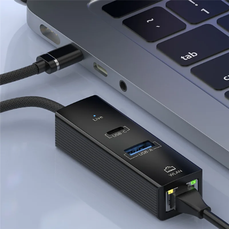 ABJF-Converter 3In1 Withled Light USB-A ملحقات المكتب للهاتف المحمول والكمبيوتر اللوحي والكمبيوتر المحمول باللون الأسود