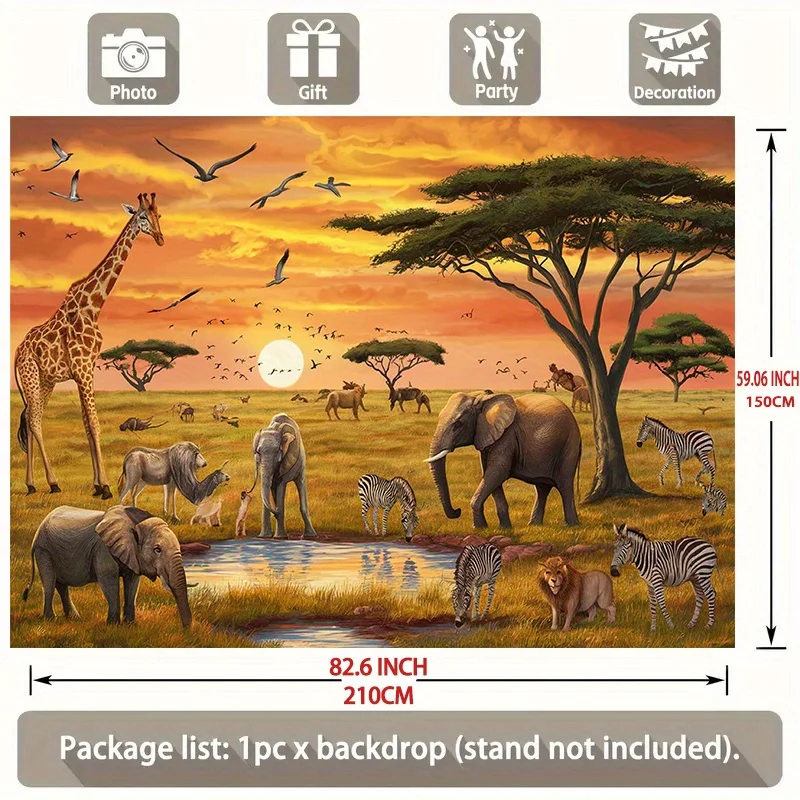 African Safari Sunset Giraffe Elephant Zebra Waterhole Tapestry 2D Flat Printing Wall Hanging Backdrop forLiving RoomOfficeDecor