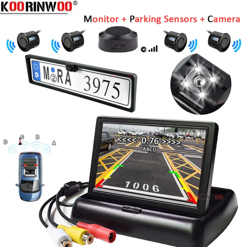 Koorinwoo Car Parking Sensors Kit Vehicle Europe License Plate Frame Rear view Camera Car Parking Monitor 4 Radars System Video