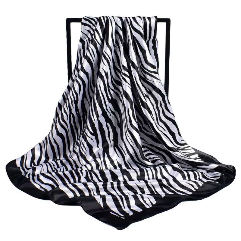 90*90cm Zebra Stripes Print Head Scarf for Women Silk Square Scarves Foulard Bandana Fashion Decorate Hijab Female Neckerchief