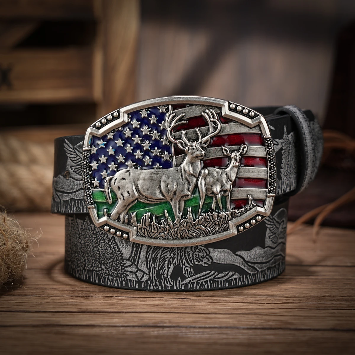 Western Cowboy PU Leather Belt - Men Waist Strap Bull Decoration Floral Engraved for Jeans