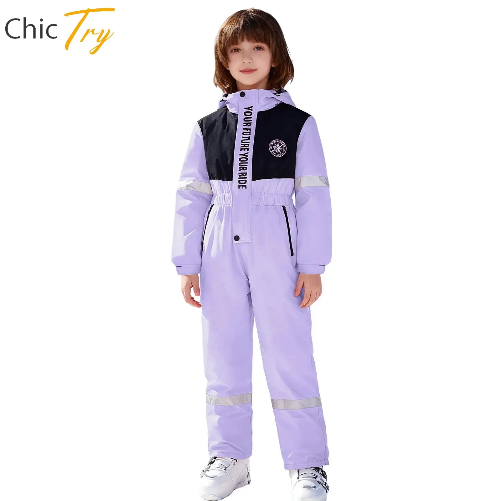 

Children Girls Boys Stylish Snowsuit Kids Color Block Ski Hooded Jumpsuit Long Sleeve Zipper Water Resistant Bodysuit Sportswear