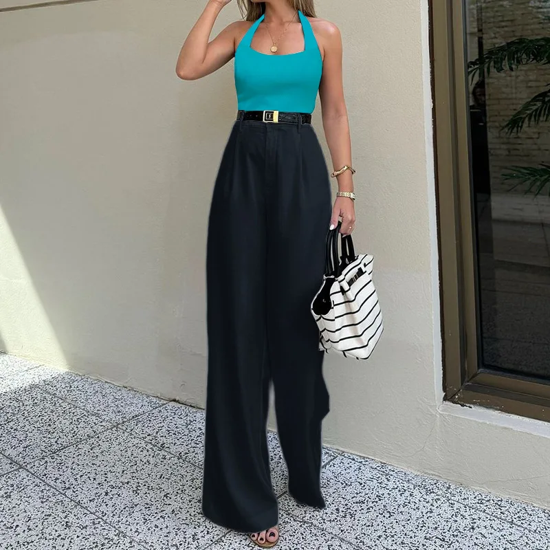 New cross-border fashion solid color high-waisted versatile straight pants