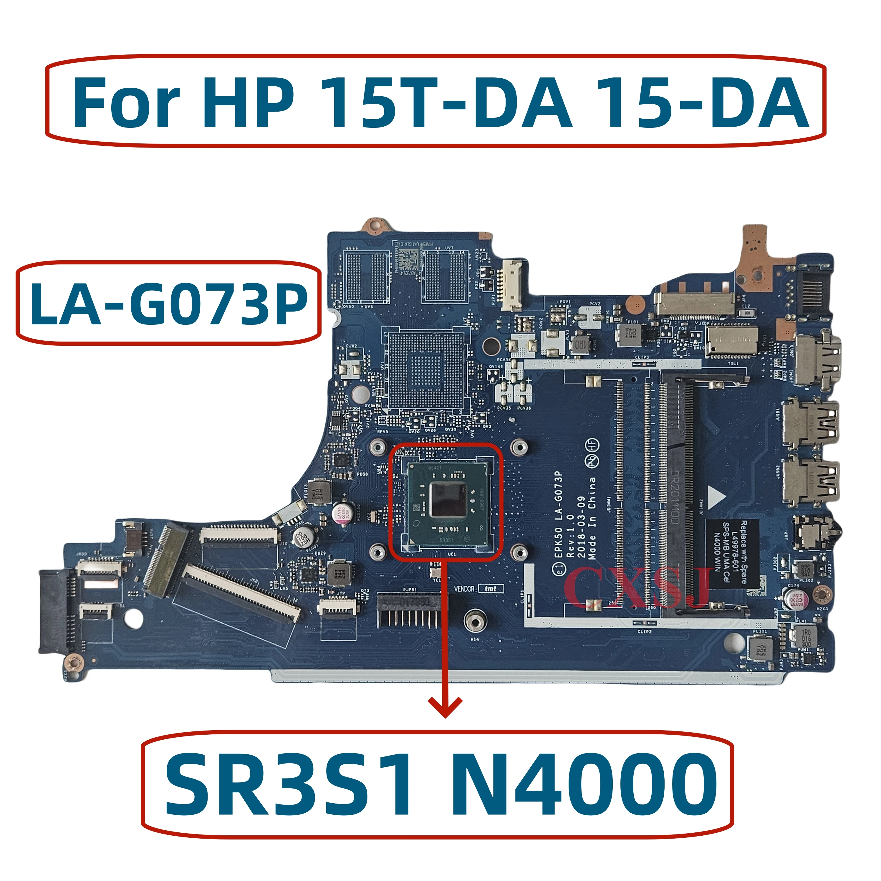 For HP 15T-DA 15-DA Series Laptop Motherboard DDR4 With SR3S1 N4000 CPU L20372-601 L20372-001 L20375-601 EPK50 LA-G073P