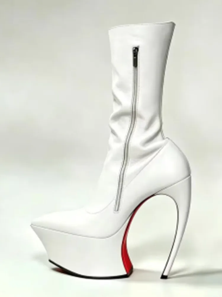 Ladies' Thick Soled Pointed Platform, High Heels, Short Boots, Party Runway, Sexy Fashion Boots, Autumn and Winter Leather Boots