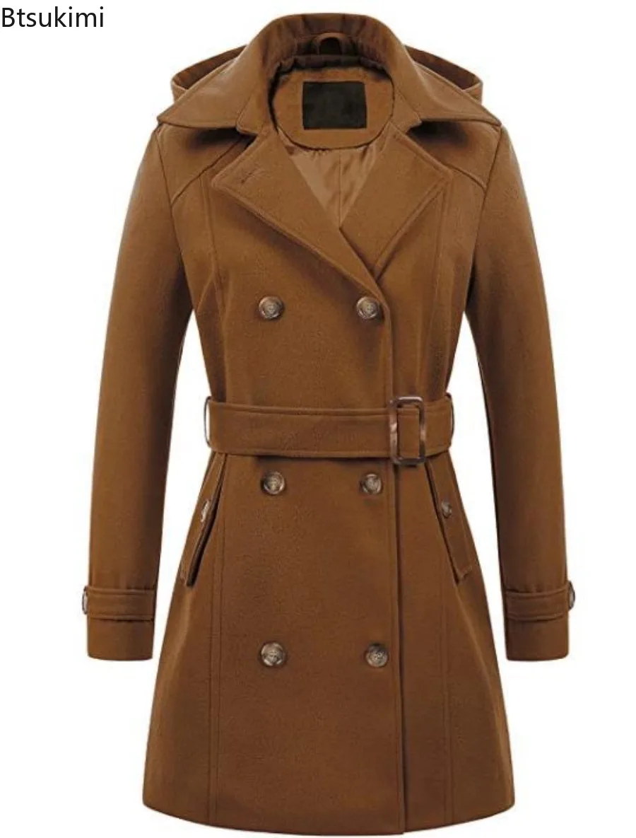 Woman Hooded Jackets Mid-length Double-breasted Ladies Overcoats Woolen Lapel Turndown CollarTop Winter Warm Jacket Streetwear