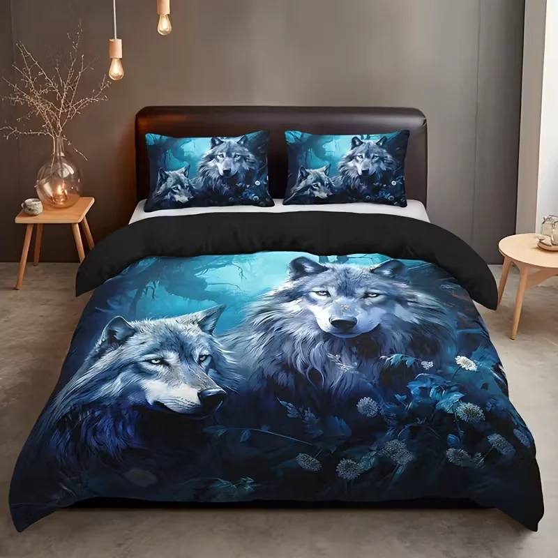 

3pcs Wolf Floral Duvet Set Forest Wild Wolf Animal Floral Duvet Cover Set Bedding Set for Home Dorm Decor