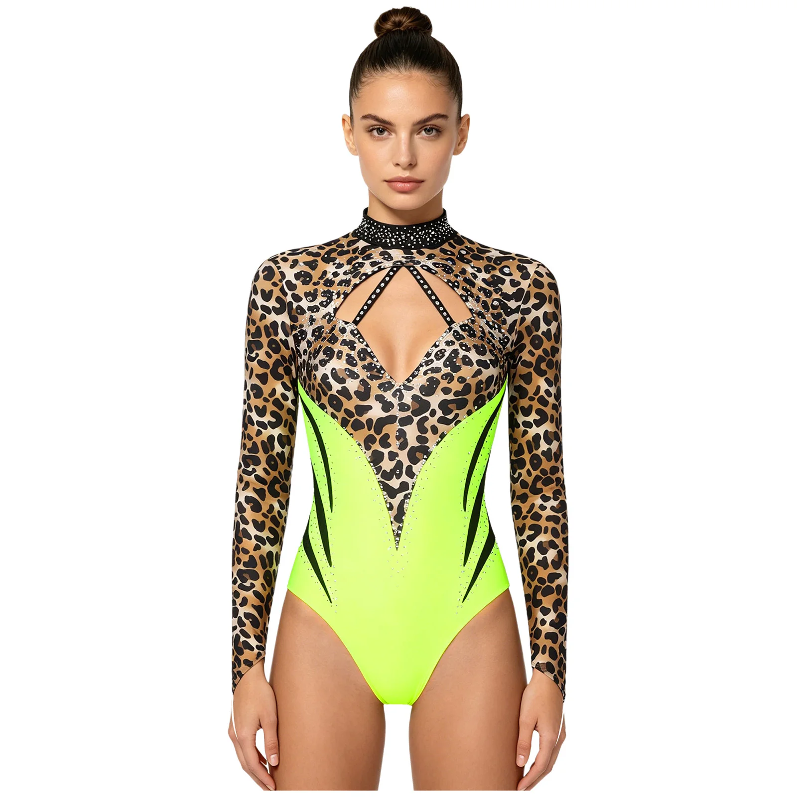 

Sparkly Rhinestone Ballet Bodysuit for Women Front Cutout Strappy Backless Latin Dance Jumpsuit for Dance Gymnastics Ice Skating