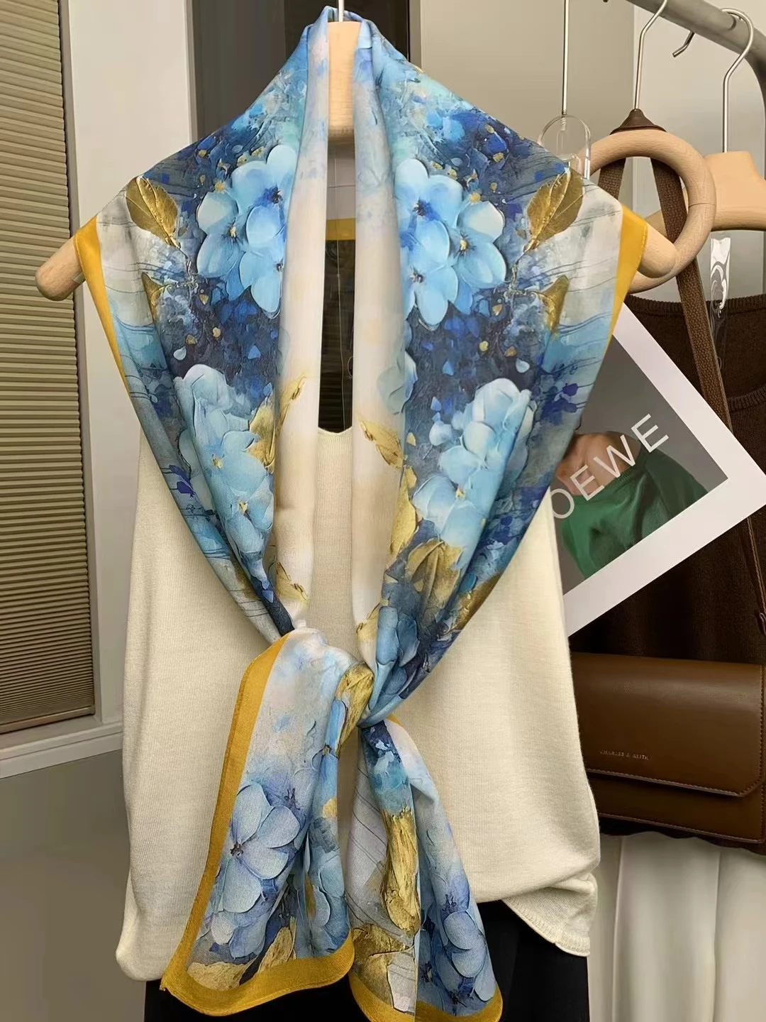 BYSIFA|Blue Floral Women 100% Mulberry Silk Scarf Headband Spring Fashion Brand Silk Ribbons Scarves Shawls Floulard Accessories