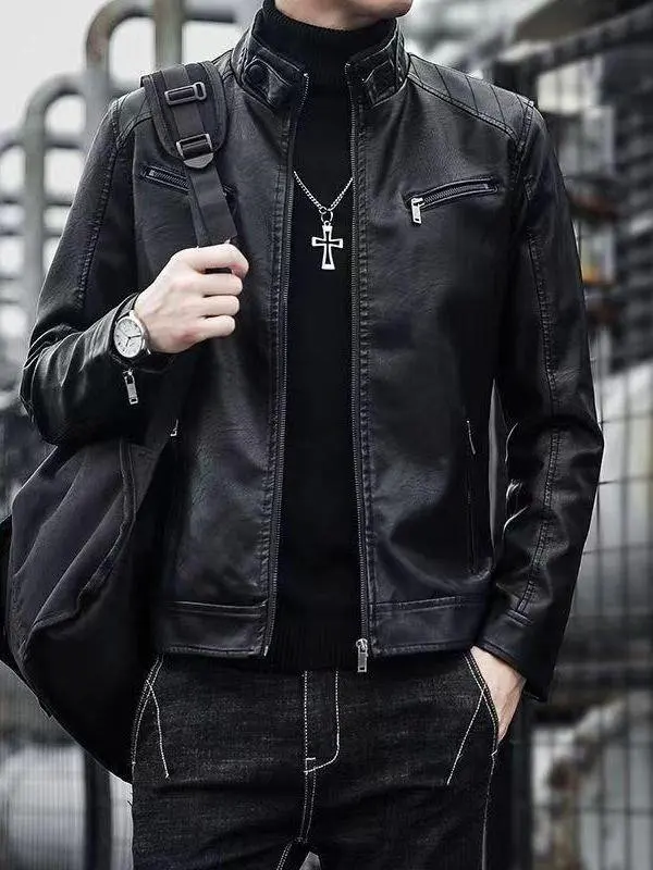 

Men's Faionable ort Thiened Leather Jaet Spring Autumn Winter Sli Motorcycle Jaet Thin Model Korean Version