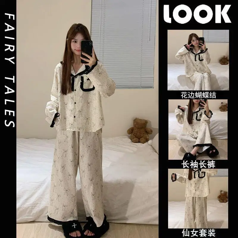 

Женская хлопково-марлевая пижама kawaii Cloud на весну и осень, комплект с длинными рукавами и кружевным бантом, элитная домашняя одежда на весну