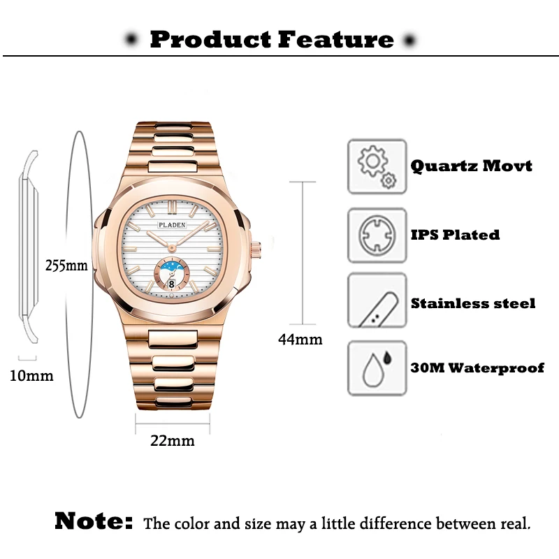 PLADEN Men\'s Watch Brand Fashion Rose Gold Watches For Man Luxury High Quality Stainless Steel Strap Wristwatch Top Selling 2022