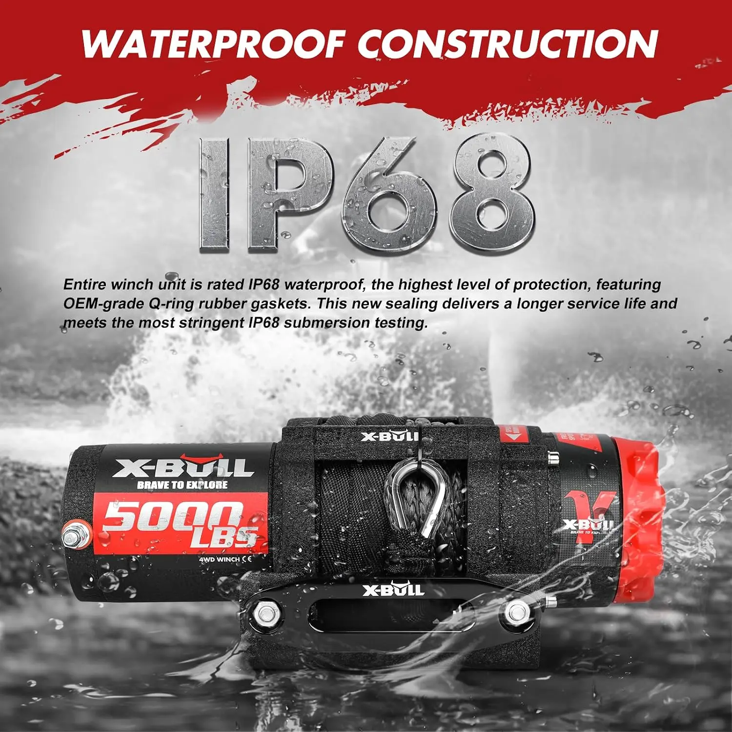 γ Series Winch 5000 lb. Load Capacity with Synthetic Rope and Hawse Fairlead, Waterproof IP68, Wireless & Wired Remote