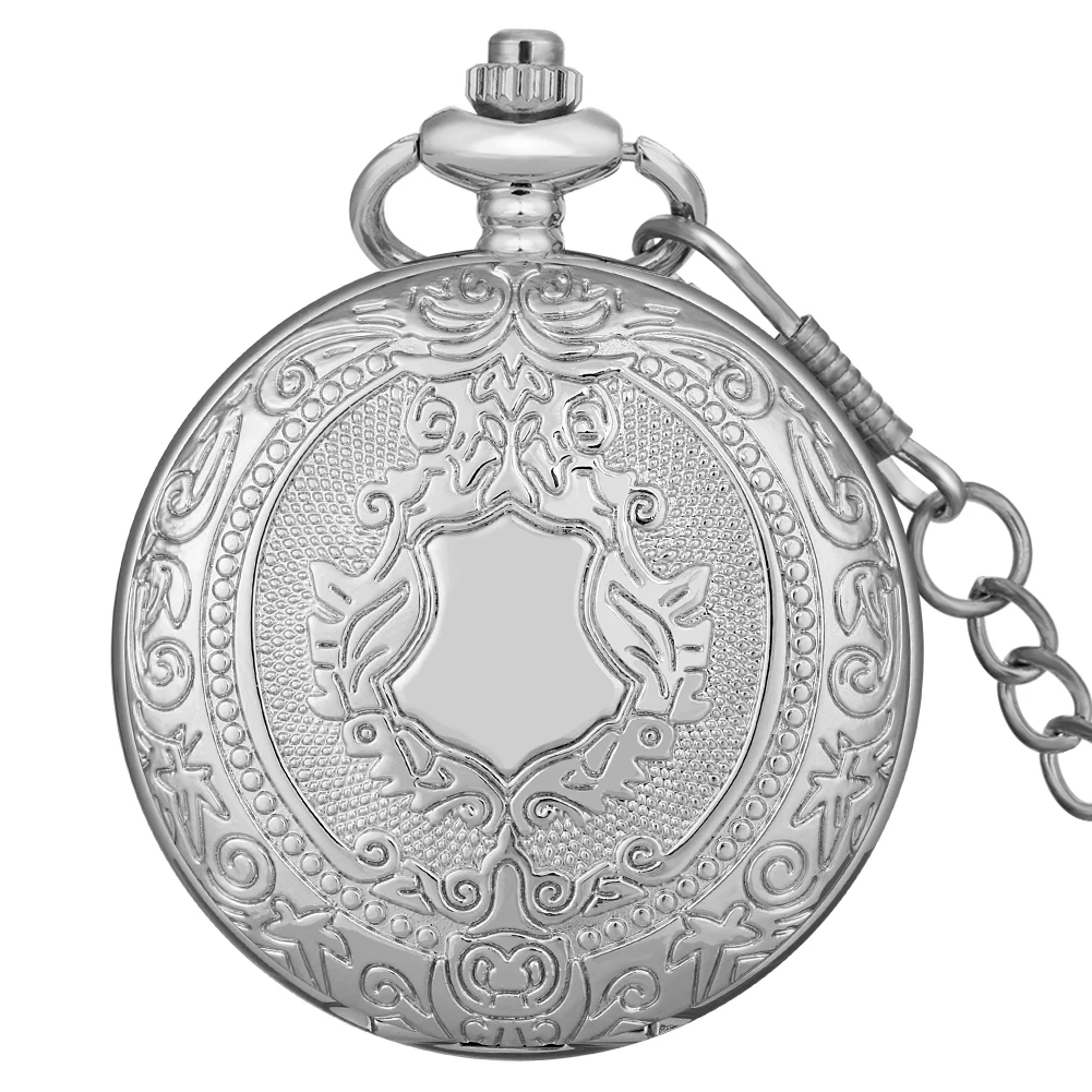 

Vintage Silver Shield Pattern Mechanical Hand Winding Pocket Watch Arabic Numbers Dial Gentleman Pocket Pendant Clock FOB Chain