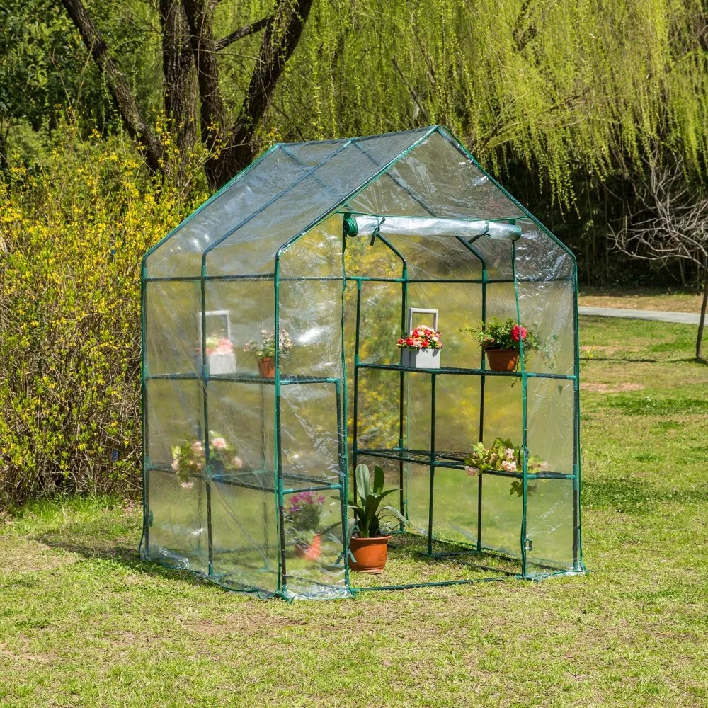 3 Tiers 12 Shelves Stands Walk-in Portable Plant  4.8 x4.8x6.4FT Walk in Plastic Plant with Zipper Door PVC Cover, Greenhouses