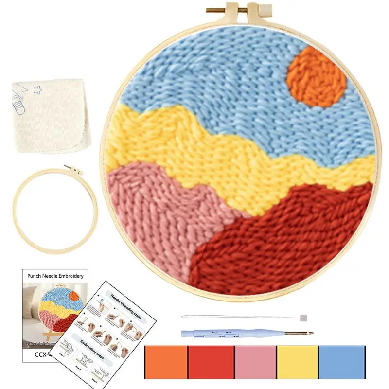 

1 Pack Punch Needle Embroidery Kit Landscape Cloth Hoop Yarn Essential Punch Needle Instruction Supplies For Crafters