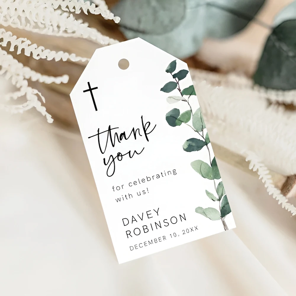 50pcs Personalized Baptism Tags, Thank You Gift Tags, Custom Baptism Name Tag, Greenery Baptism Thank You Tag