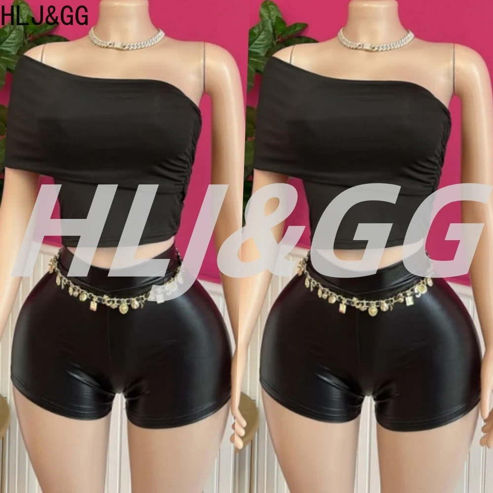 

HLJ&GG Fashion One Shoulder Ruched Tshirts Two Piece Sets Women Short Sleeve Slim Crop Top And Leather Shorts Outfits Streetwear