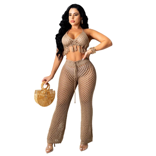 RT Seksowny damski zestaw z dzianiny Dwuczęściowy zestaw Halter Backless Bra Crop Top Spodnie Szydełkowany 2-częściowy zestaw Hollow Out Szydełkowany zestaw plażowy