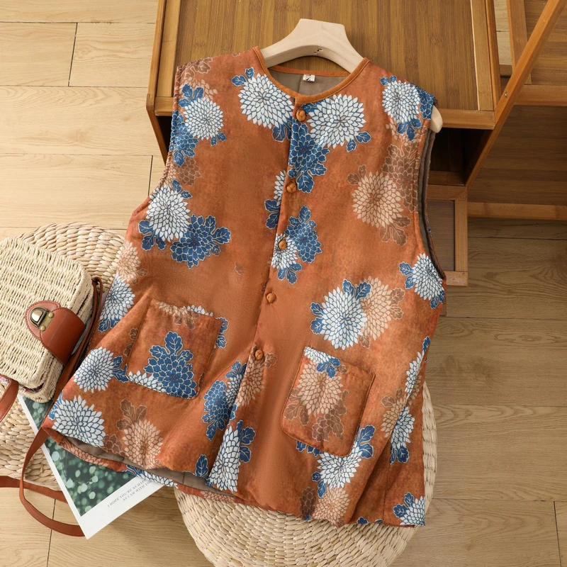 

Retro National Sle Printed Cotton Liner Vest Women's Autumn Winter Thi Warm Casual oulder Pad Svel Cotton Coat Top